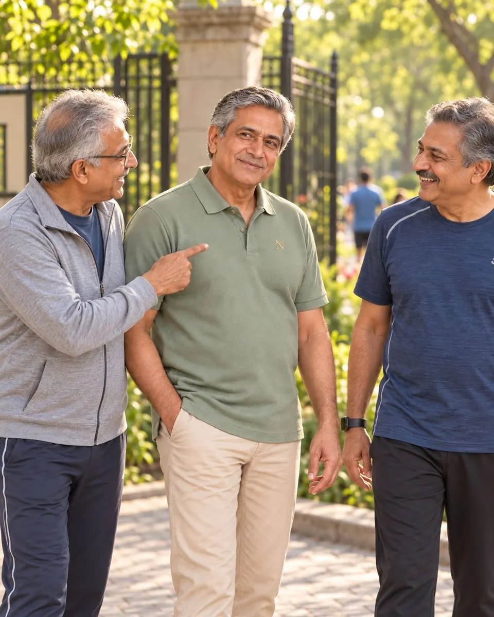 Dad at the park gate with two walking friends, one pointing at his sage polo