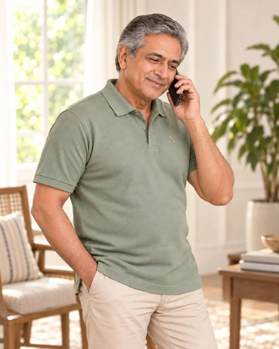 Dad on the phone at home, smiling shyly, wearing the sage polo