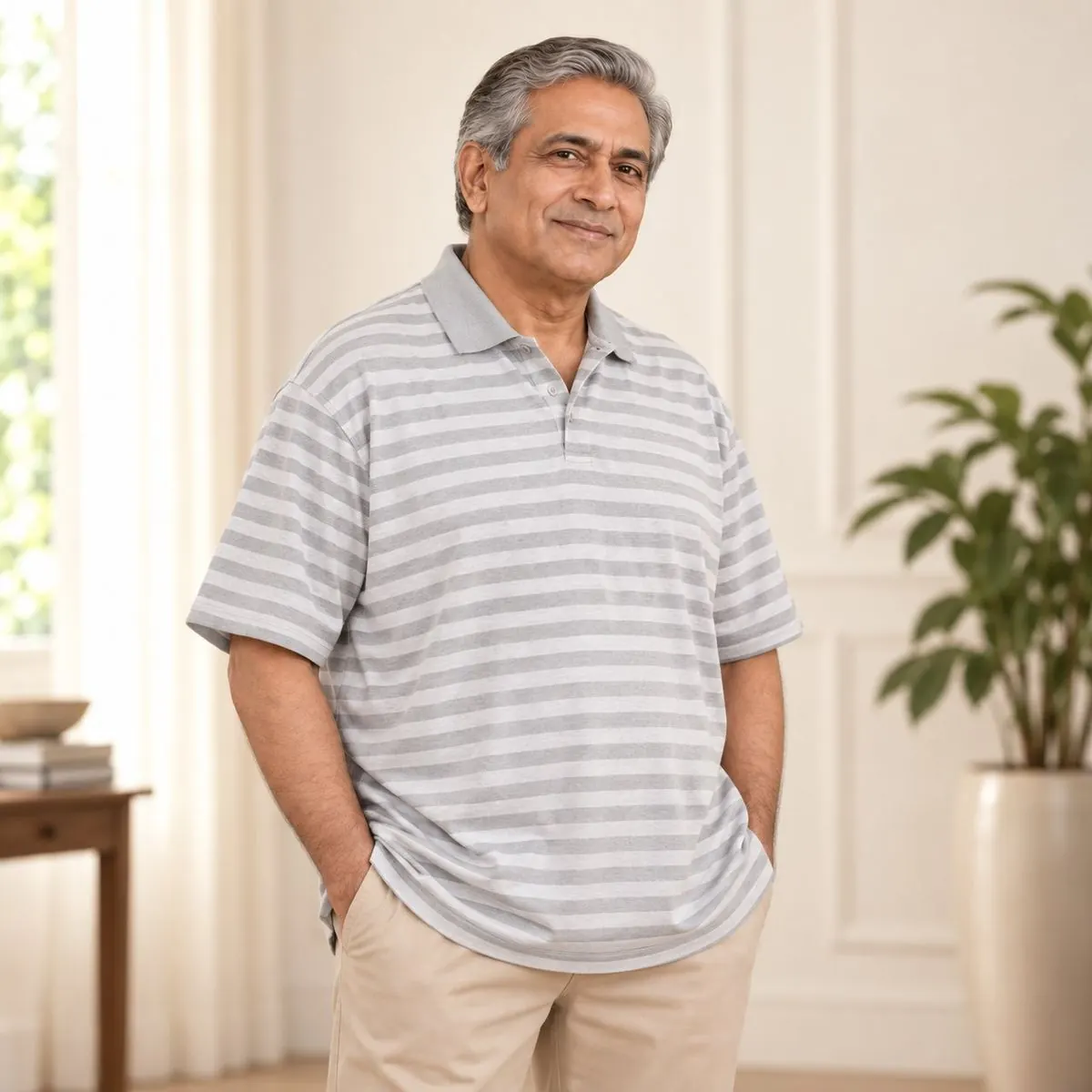 Father in his regular polo: size up? shoulders hang