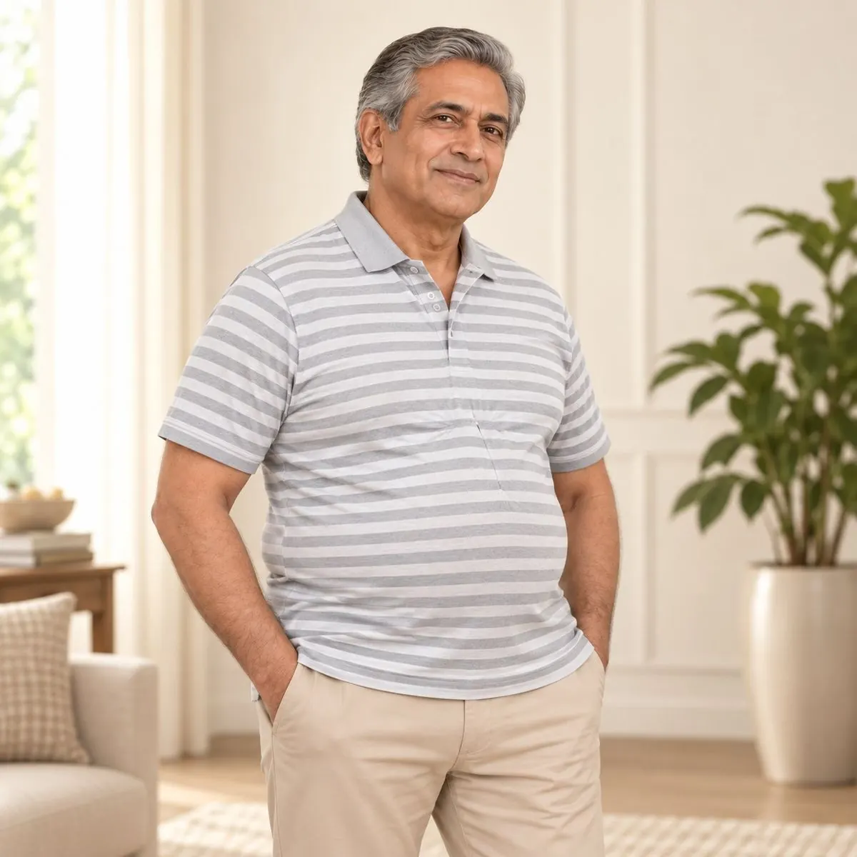 Father in his regular polo: tight at the stomach