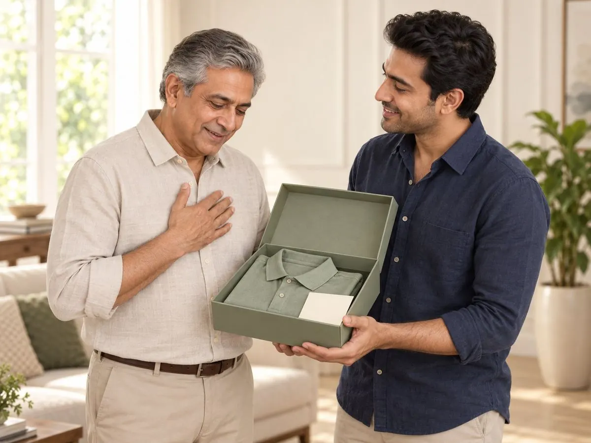 Today: the grown son handing his father a sage NAMAH gift box; the father touches his heart