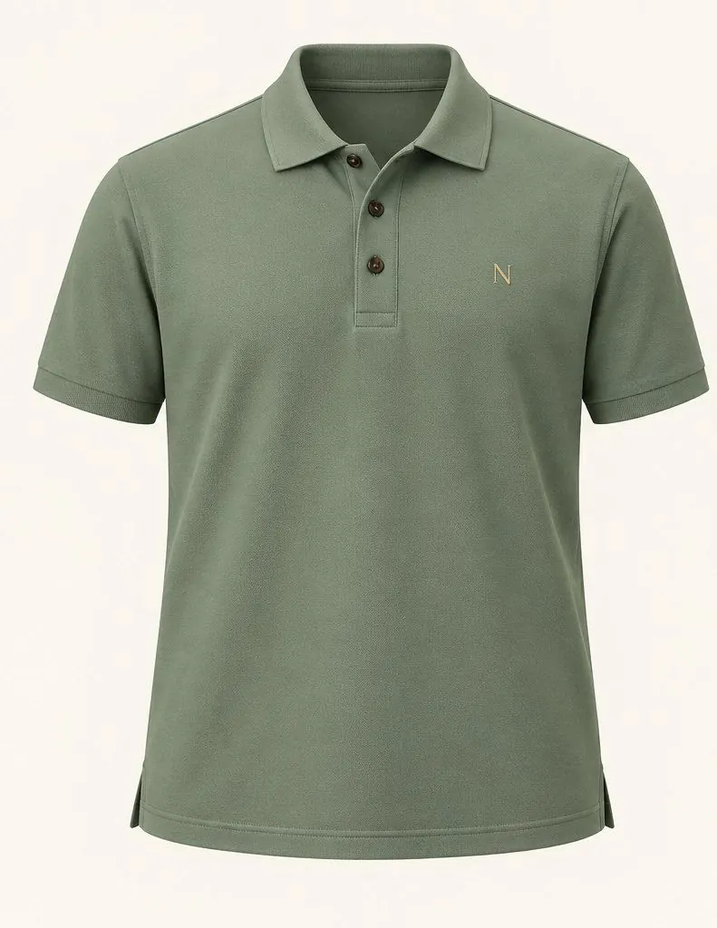 The Golden Polo in muted sage, front