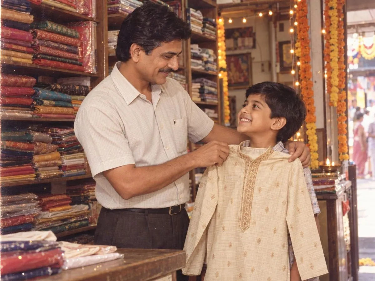 1990s photo: a young father holding a new festive kurta up to his smiling son in a Diwali cloth shop